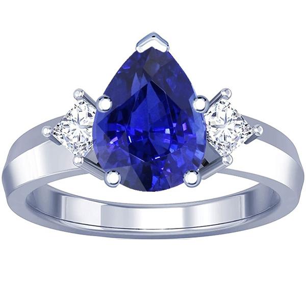 3 Steine Ring Birne Blauer Saphir & Prinzessin Diamanten 3 Karat Gold 14K - harrychadent.ch