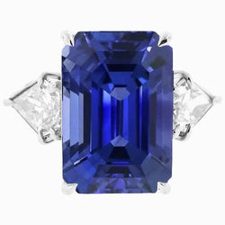 3 Steine Ring Smaragdblauer Saphir & Trillion Diamanten 4,50 Karat Neu