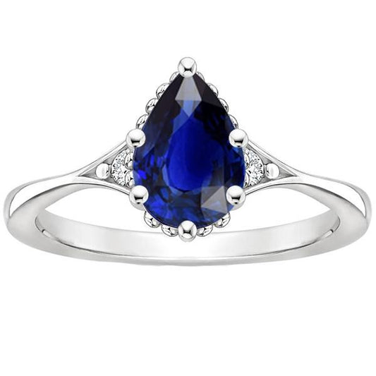 3 Steine Ring Split Shank Birne Blauer Saphir & Diamanten 3,25 Karat