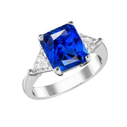 3 Steine Ring Strahlender Saphir & Trillion Diamanten Schmuck 2,50 Karat