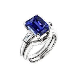 3 Steine Smaragd Blauer Saphir & Baguette Diamant Ring Set 1,75 Karat