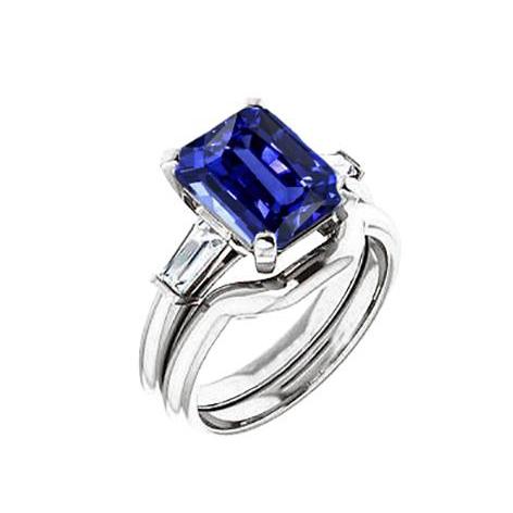 3 Steine Strahlend Blauer Saphir & Baguette Diamant Ring Set 1,75 Karat - harrychadent.ch