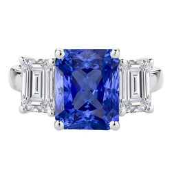 3 Steine Smaragd Diamant Ring Gold Blauer Saphir Strahlend 4.50 Karat