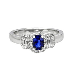 3 Steine Stil Blauer Saphir und Halo Diamantring 5 Karat Neu