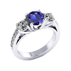 3 Steine Stil Diamantring Rund Ceylon Saphir 2,50 Karat Weißgold