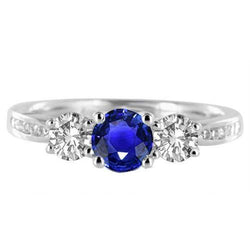 3 Steine Stil Runder Diamant Blauer Saphir Ring Mit Akzenten 2 Karat