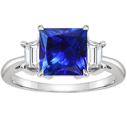 3 Steingoldring Princess Blue Saphir & Trapezoid Diamanten 4 Karat
