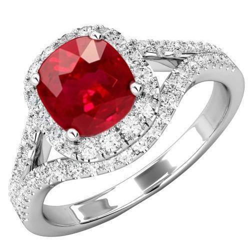4.35 Karat Halo Rubin und Diamanten Ring Split Shank Weißgold 14K