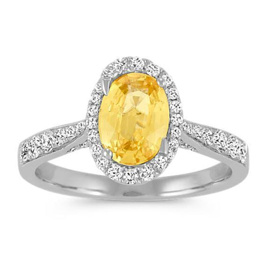 4.50 ct Ovaler Ring mit gelbem Saphir und runden Diamanten Weißgold 14K - harrychadent.ch
