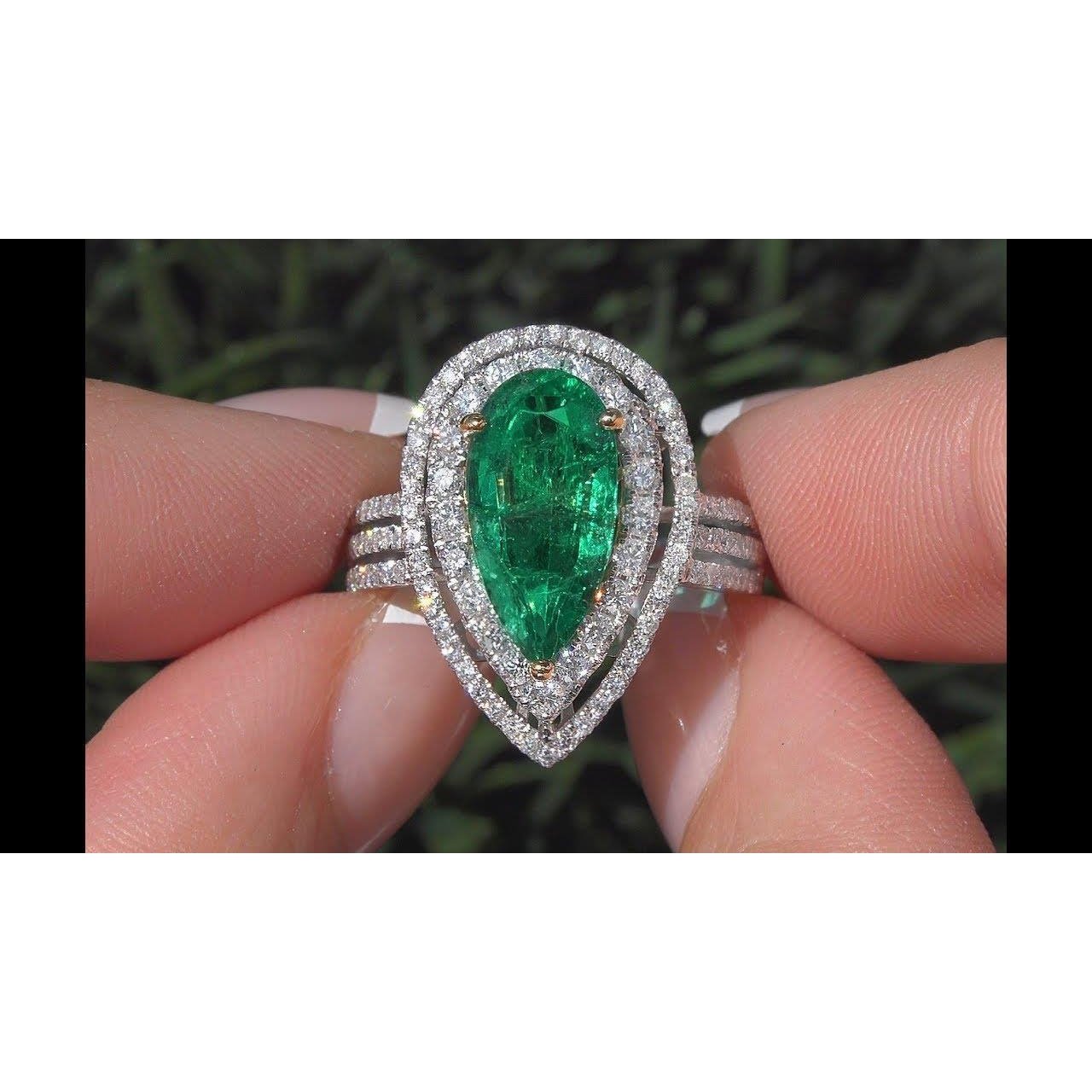 5 Karat Schöner Birnengrüner Smaragd-Diamant-Ring Weißgold 14K