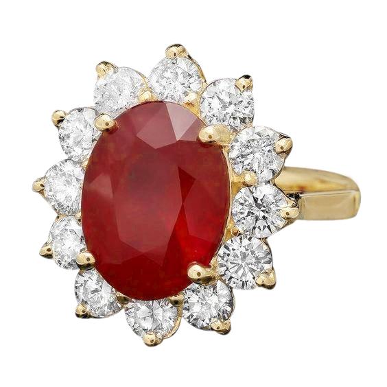 5 Kt Roter Rubin Diamant Ehering 14K Gelbgold