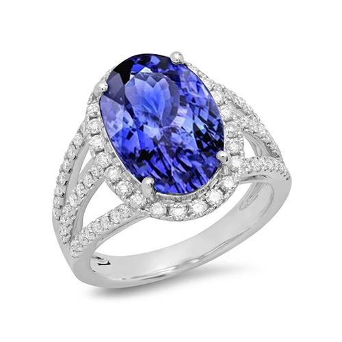 5,80 Karat Ovaler Tansanit & runder Diamant Fancy Ring Weißgold 14K
