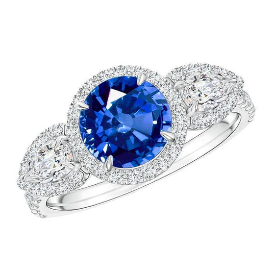 5.30 ct Birne und runder Ceylon Saphir Diamanten Ring Weißgold 14K