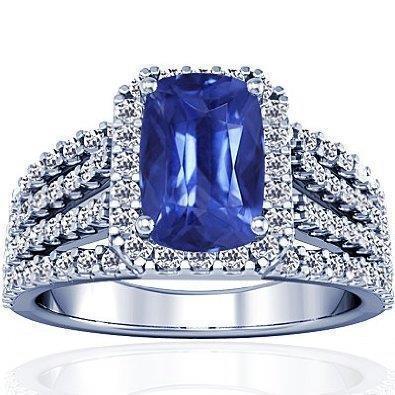 5.50 Karat Kissen & runder Ceylon Saphir mit Diamanten Ring WG 14K