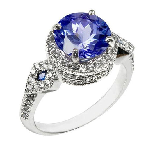 6 Kt. runder echter Sri Lanka Saphir und Diamanten Weißgold 14K