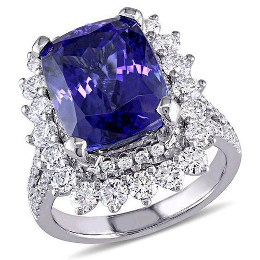 7.75 Karat Großer Tansanit-Ring mit kleinen Diamanten Weißgold 14K
