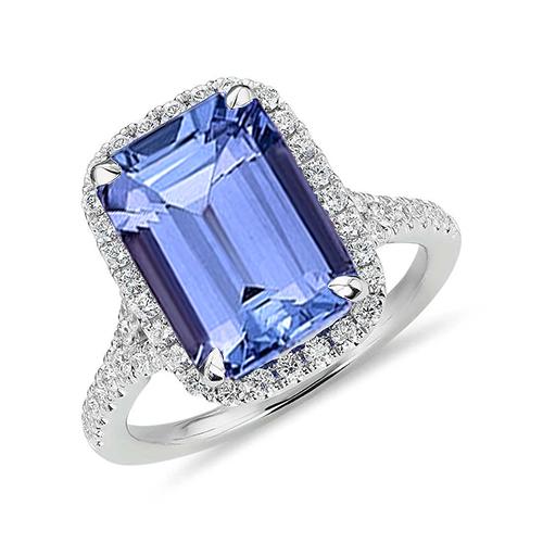 8,75 ct Smaragdform Tansanit mit runden Diamanten Ring Gold Neu