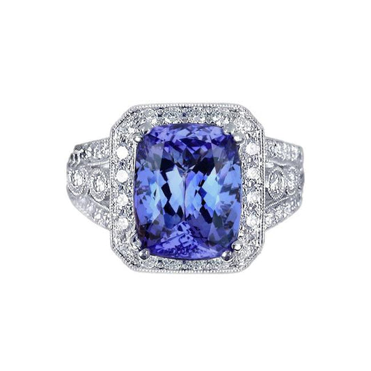 9,50 Karat Kissen Tansanit und runde Diamanten Ring im Vintage-Stil