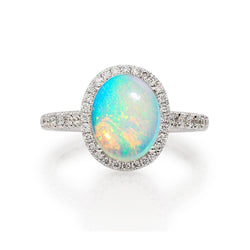 9.40 Kt Großer Opal Und Diamanten Jubiläumsring Weißgold 14K
