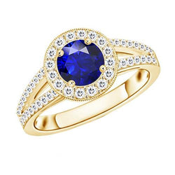 Antiker Diamant Halo Ring 3 Karat runder blauer Saphir Schmuck