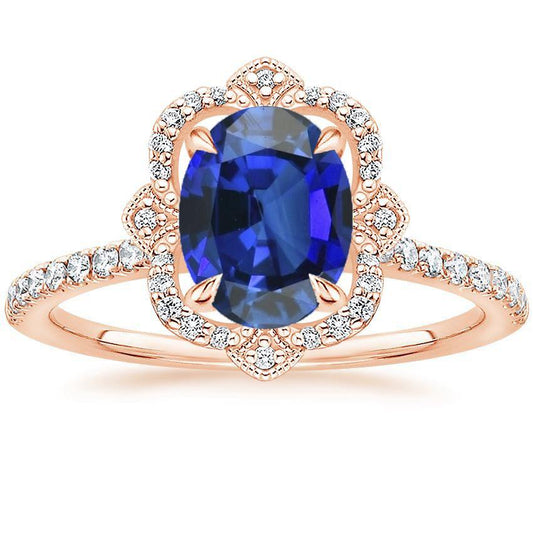 Antiker Halo-Diamant-Ring Blumen-Stil Blauer Saphir 6.20 Karat - harrychadent.ch