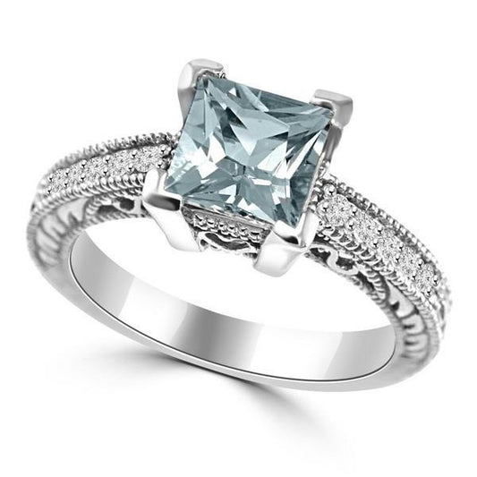 Aquamarin im Princess-Schliff mit runden Diamanten 16 Karat Ring Weißgold - harrychadent.ch