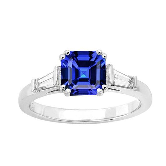 Asscher Saphir-Ring aus Gold mit drei Steinen 2.50 Karat Baguette-Diamanten - harrychadent.ch