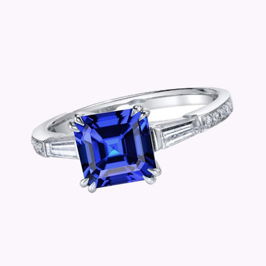 Asscher Saphirring im 3-Stein-Stil 3 Karat Baguette & runde Diamanten - harrychadent.ch
