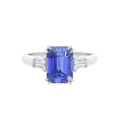 Baguette Diamant 3 Steine Smaragdschliff Blauer Saphir Ring 2,25 Karat
