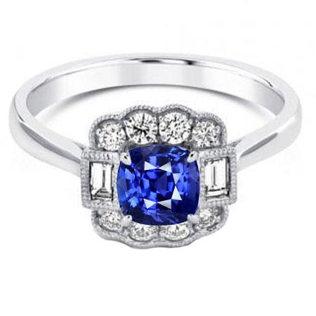 Baguette & runder Diamant Halo Kissen Saphirring 2,50 Karat Zinken - harrychadent.ch