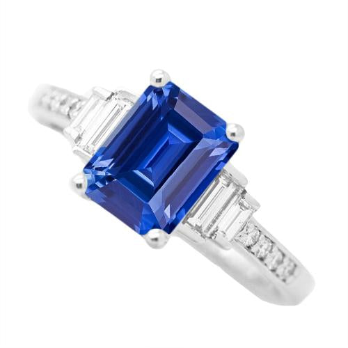 Baguette & Runder Diamantring Smaragdblauer Saphir 3.50 Karat - harrychadent.ch