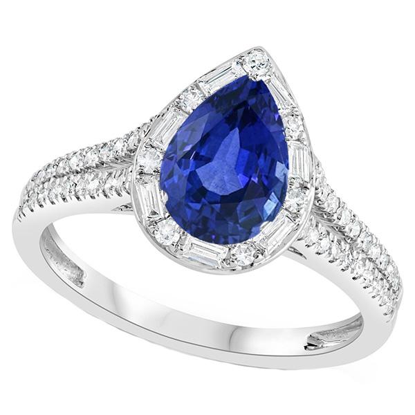 Birne Halo Blue Saphir Ring Doppelschaft & Baguette Diamanten 5 Karat - harrychadent.ch