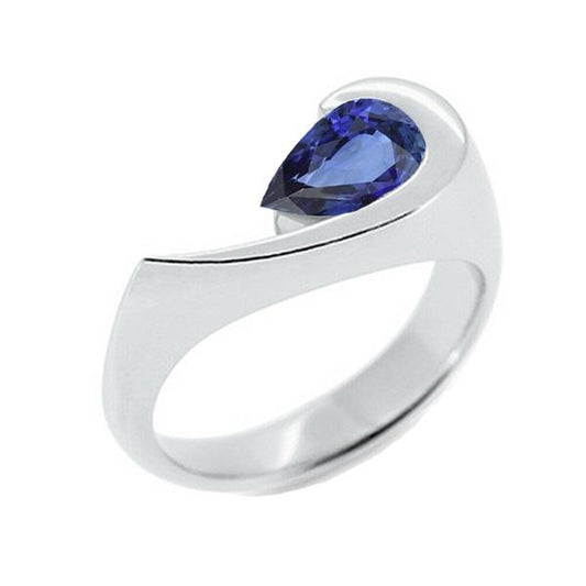 Birne Solitär Ring Blauer Saphir 1 Karat Halbe Lünette Set Weißgold - harrychadent.ch