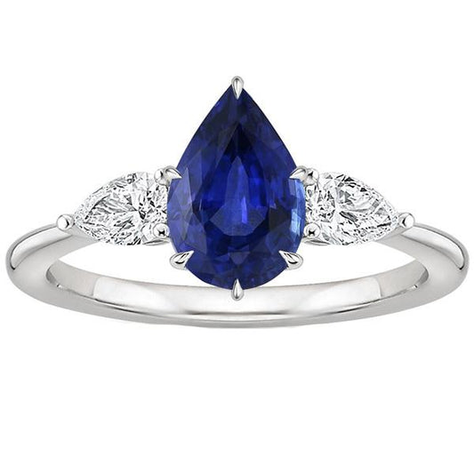 Birnen-Diamant-Jubiläumsring 3 Steine Blauer Saphir-Zinken 4,50 Karat - harrychadent.ch