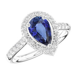 Birnenförmiger Halo-Ring Blauer Saphir & Diamanten 4 Karat