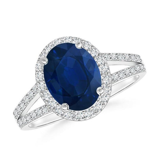 Blauer ovaler Saphirring mit Akzenten Diamant Weißgold 14K 3,50 Ct - harrychadent.ch