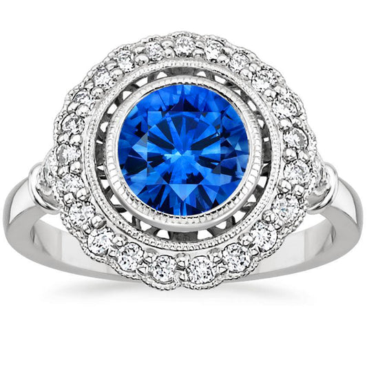Blauer runder Saphir Halo Diamantring 3,20 Karat Weißgold 14K - harrychadent.ch
