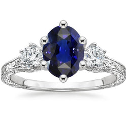 Blauer Saphir 3 Steine Ring & Diamanten 2,50 Karat Antiker Stil