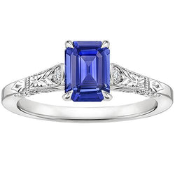 Blauer Saphir & Diamant 3 Steine Ring 3,25 Karat Smaragdschliff