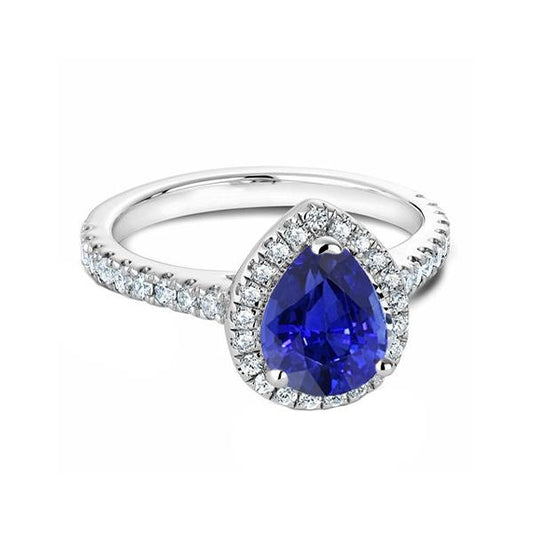 Blauer Saphir & Diamant Halo Birnenschliff Ring 3,50 Karat Weißgold - harrychadent.ch
