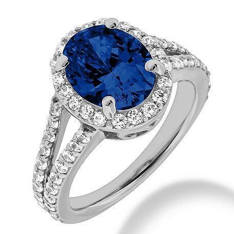 Blauer Saphir-Diamant-Ring im Ovalschliff Weißgold 14K 2,40 Karat - harrychadent.ch