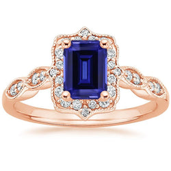 Blauer Saphir-Diamantring im antiken Stil 3 Karat Edelstein