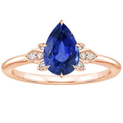 Blauer Saphir Edelstein Ring Birne & runder Diamant Blumenstil 3 Karat