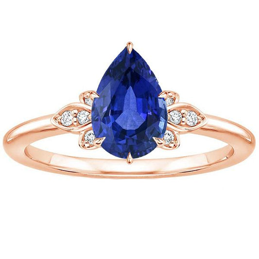 Blauer Saphir Edelstein Ring Birne & runder Diamant Blumenstil 3 Karat - harrychadent.ch