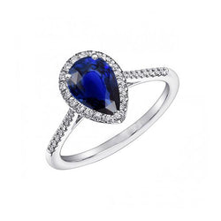 Blauer Saphir Halo Birnenförmiger Ring & Diamanten 3,50 Karat