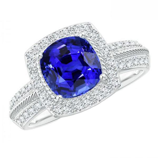 Blauer Saphir Halo Ring Rope Style 5 Karat Doppelschaft Diamanten - harrychadent.ch