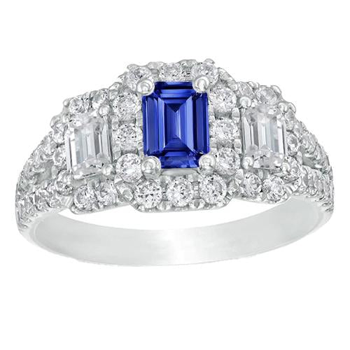 Blauer Saphir Halo Ring Strahlend Schliff Smaragd & Runde Diamanten 4 Karat - harrychadent.ch