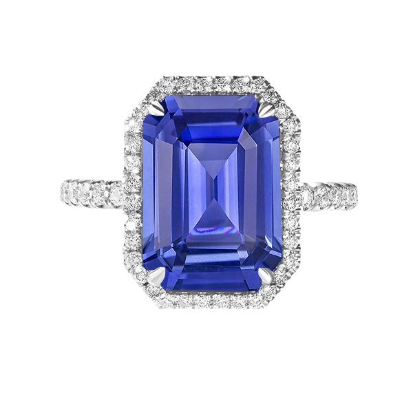 Blauer Saphir Halo Smaragdschliff Ring 5,50 Karat Diamanten Schmuck - harrychadent.ch