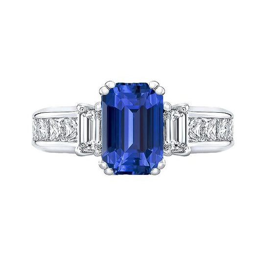 Blauer Saphir Ring mit 3 Steinen im Smaragdschliff & Prinzessinnendiamanten 4 Karat - harrychadent.ch