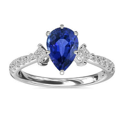 Blauer Saphir Ring SriLanka Drei Stein Diamant Akzente Birne 3 Karat